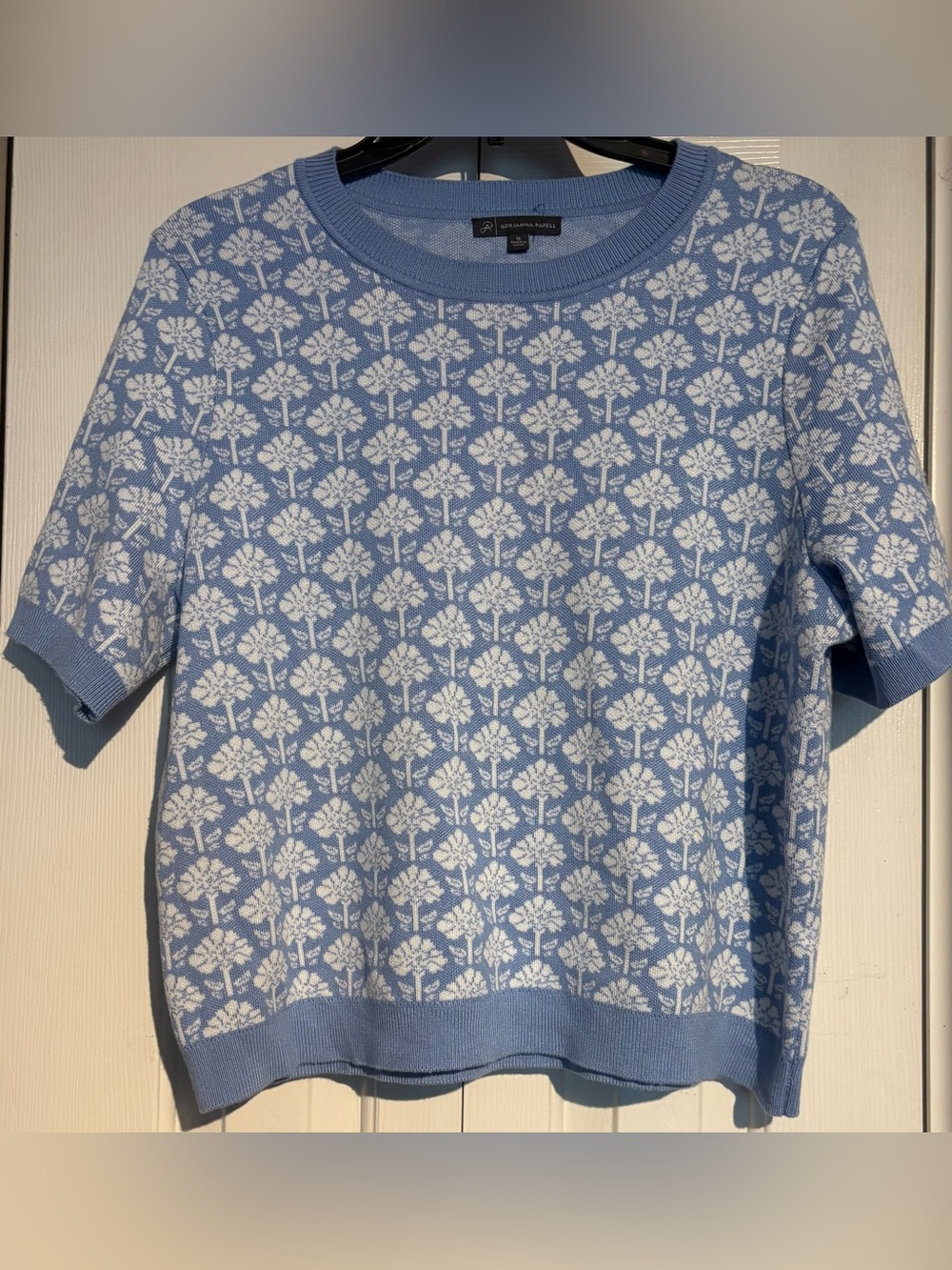Adrianna Papell Light Blue & White Floral Knit Sweater Top